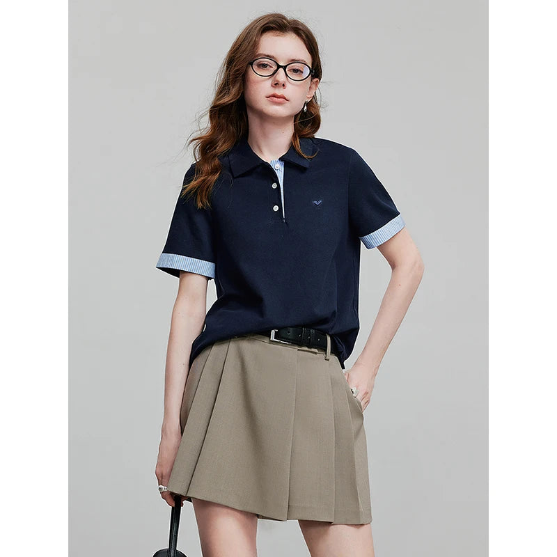 Camiseta Polo Feminina Listrada Color Block em Piquet