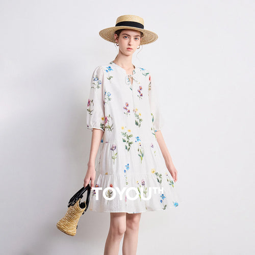 Vestido Curto Floral de Liocel e Linho com Manga Bufante