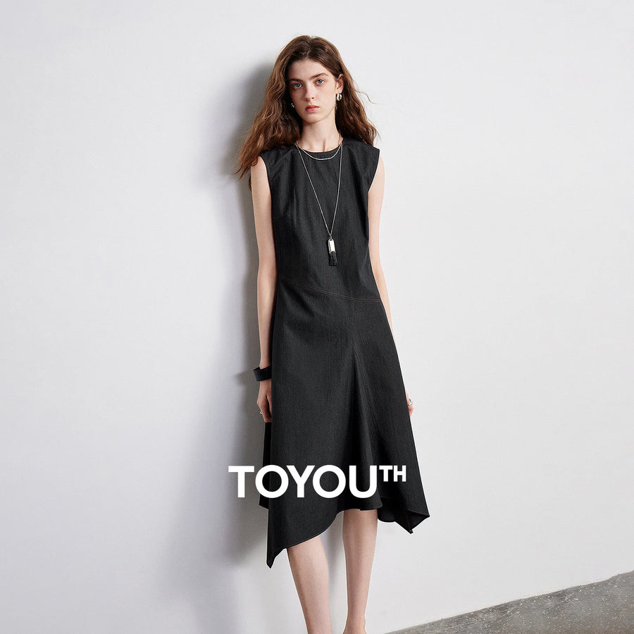 Vestido Jeans Midi Sem Manga com Recortes
