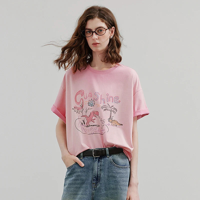 Camiseta Feminina de Algodão Oversized com Estampa Cartoon