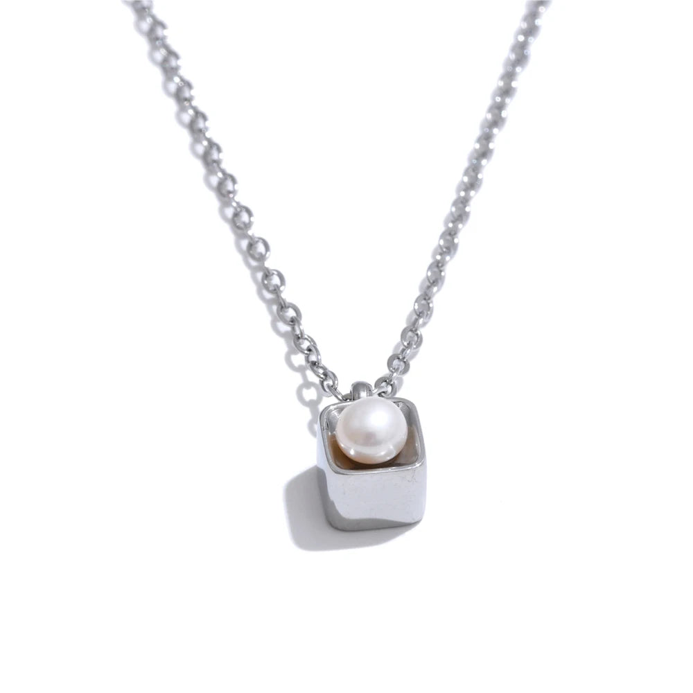 Yhpup GIFT Natural Pearl Exclusive Delicate Stainless Steel Square Pendant Necklace Tarnish Resistant Trendy Charm Jewelry New YH5078A Steel