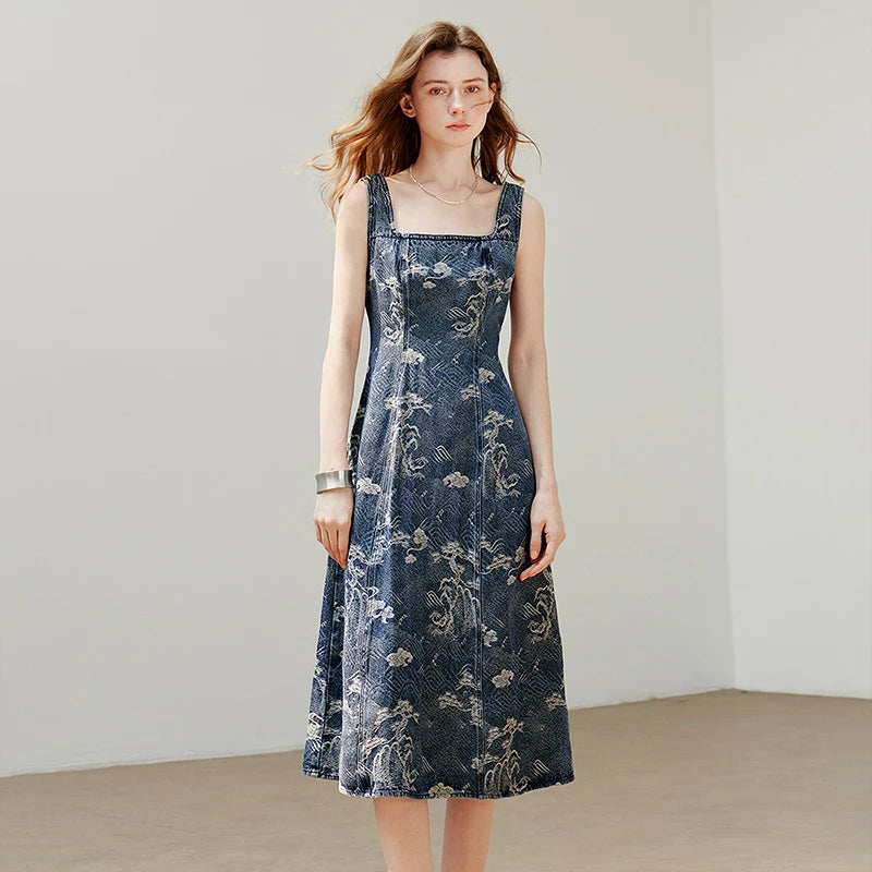 Vestido de Alças Midi Floral com Decote Quadrado