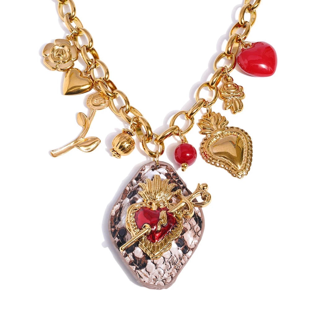 Yhpup Fashion Acrylic Resin Cherry Flower Heart Sun Pendant Charms Necklace Stainless Steel Golden Handmade Jewelry Gift YH309A