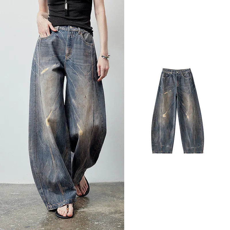 Calça Jeans Feminina Barrel Cintura Alta com Recortes