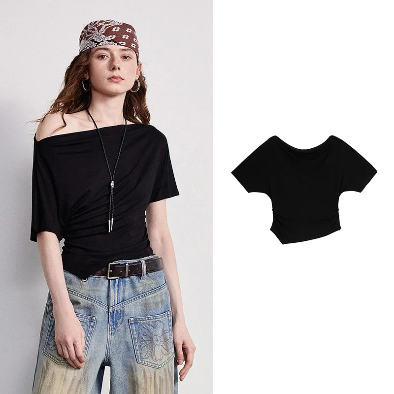 Blusa Feminina Cropped de Algodão com Ombro Assimétrico