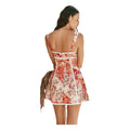 Elegant Fashion Floral Print Ruffle Trim Single Button Short A-Line Dress Cross Strapless Midi Skirt Style Polyester Fabric