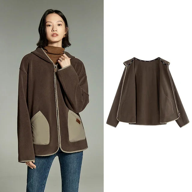 Casaco Feminino de Fleece com Capuz e Bolsos Brown 2
