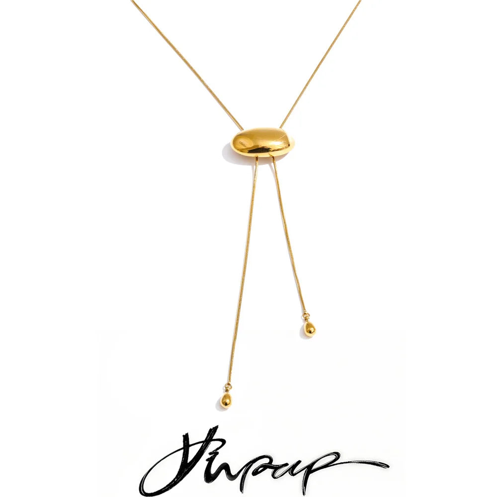 Yhpup 70cm Sweater Chain Jewelry Stainless Steel Oval Geometric Drop Stretchable Necklace for Women Minimalist Charm PVD Jewelry