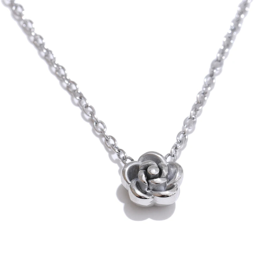 Yhpup Chic Stainless Steel Rose Flower Chain Necklace Bracelet Earrings Set Gold & Platinum PVD Waterproof Plated Daily Jewelry YH5508A P-Necklace