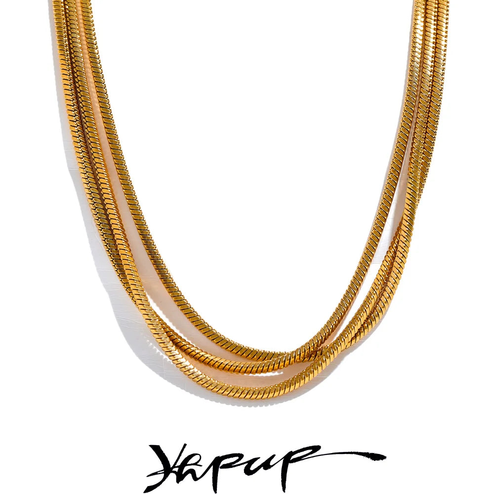 Yhpup Waterproof Stainless Steel Layered Adjustable Overlay Long Chain Necklace 18K Gold Plated Metal Trendy Fashion Jewelry