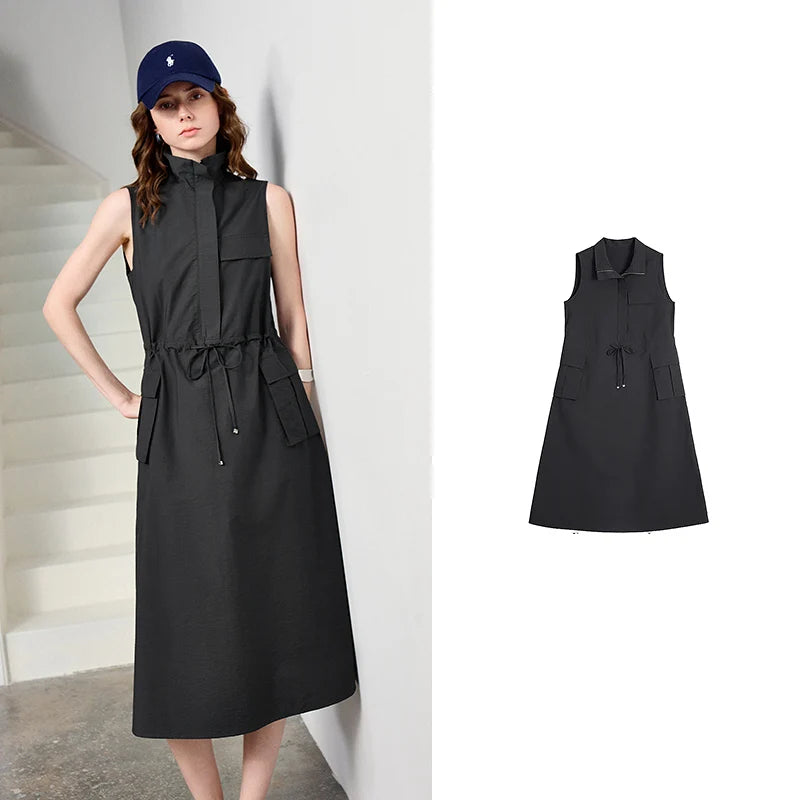 Vestido Midi Cinza-Chumbo Utilitário com Bolsos Dark Gray