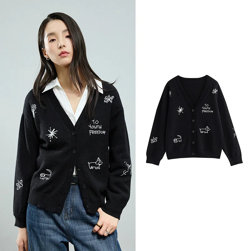 Cardigan Feminino com Bordado de Pet e Decote V