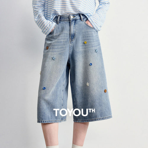 Calça Jeans Feminina Wide Leg Cropped com Botões Coloridos