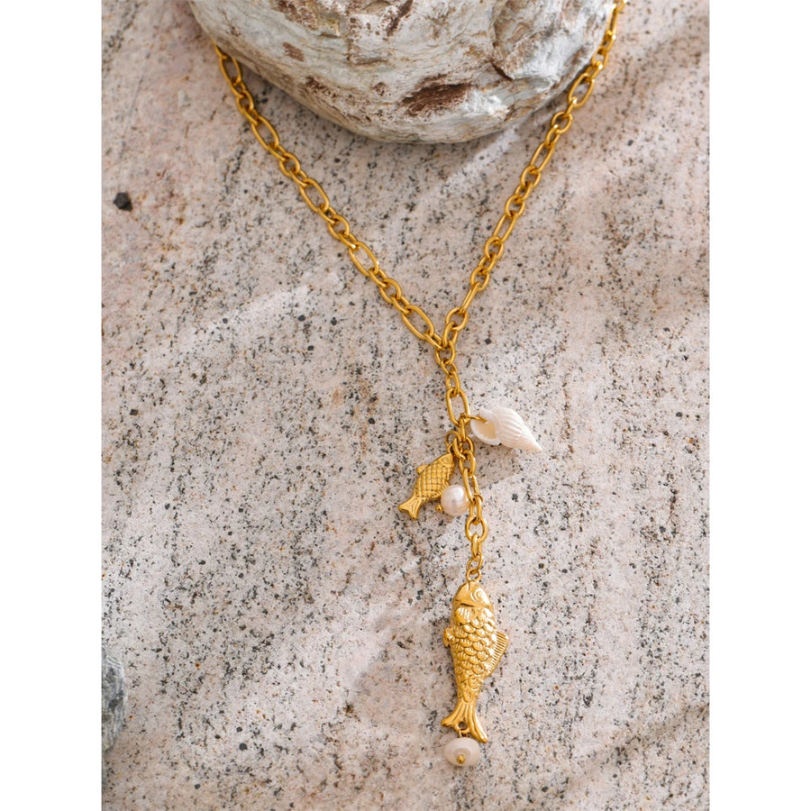 Yhpup Natural Pearls Shell Fish Pendant Chain Necklace 18K Golden PVD Plated Fashion Stainless Steel Charm Waterproof Jewelry