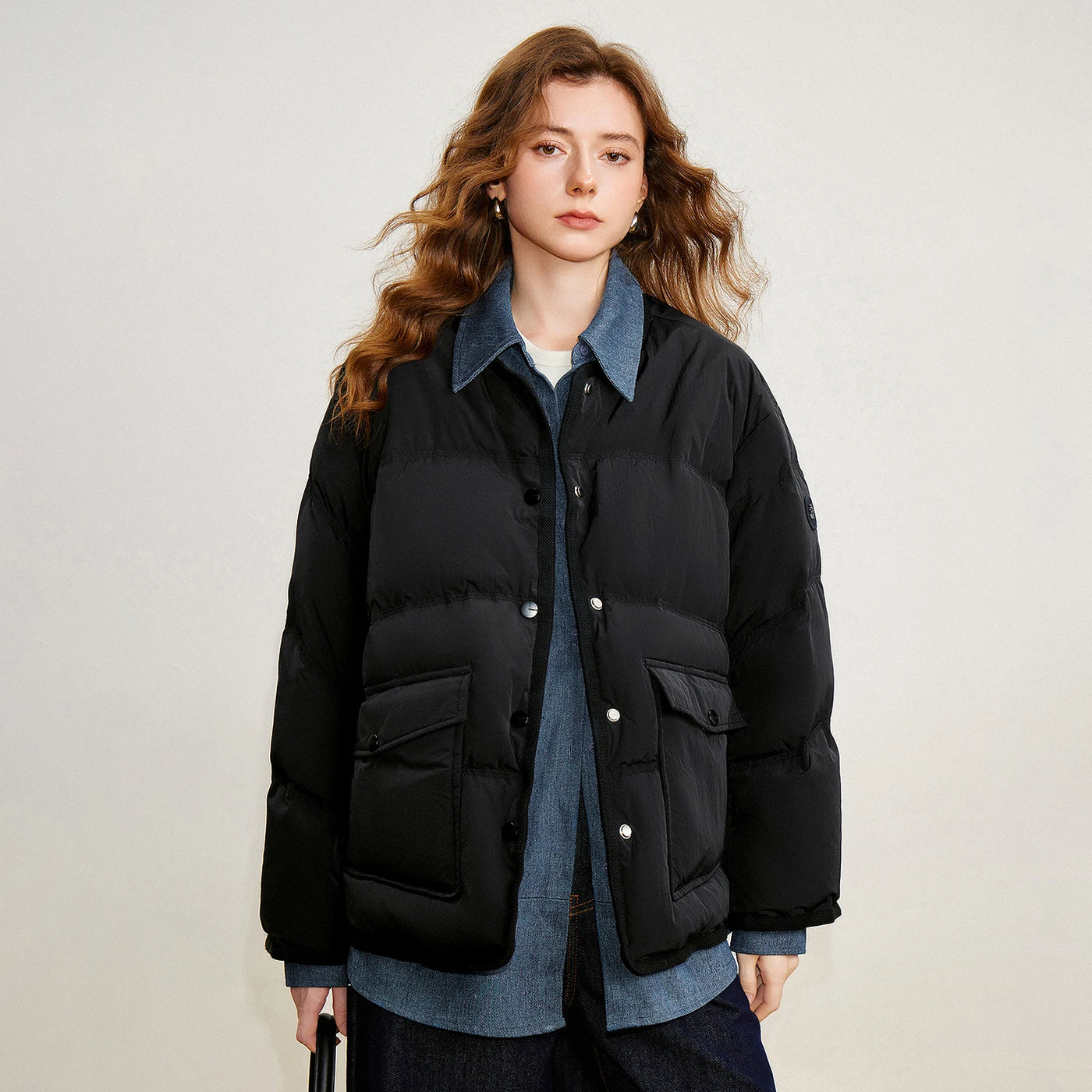Jaqueta Puffer Feminina 90% Plumas Efeito Duas Peças