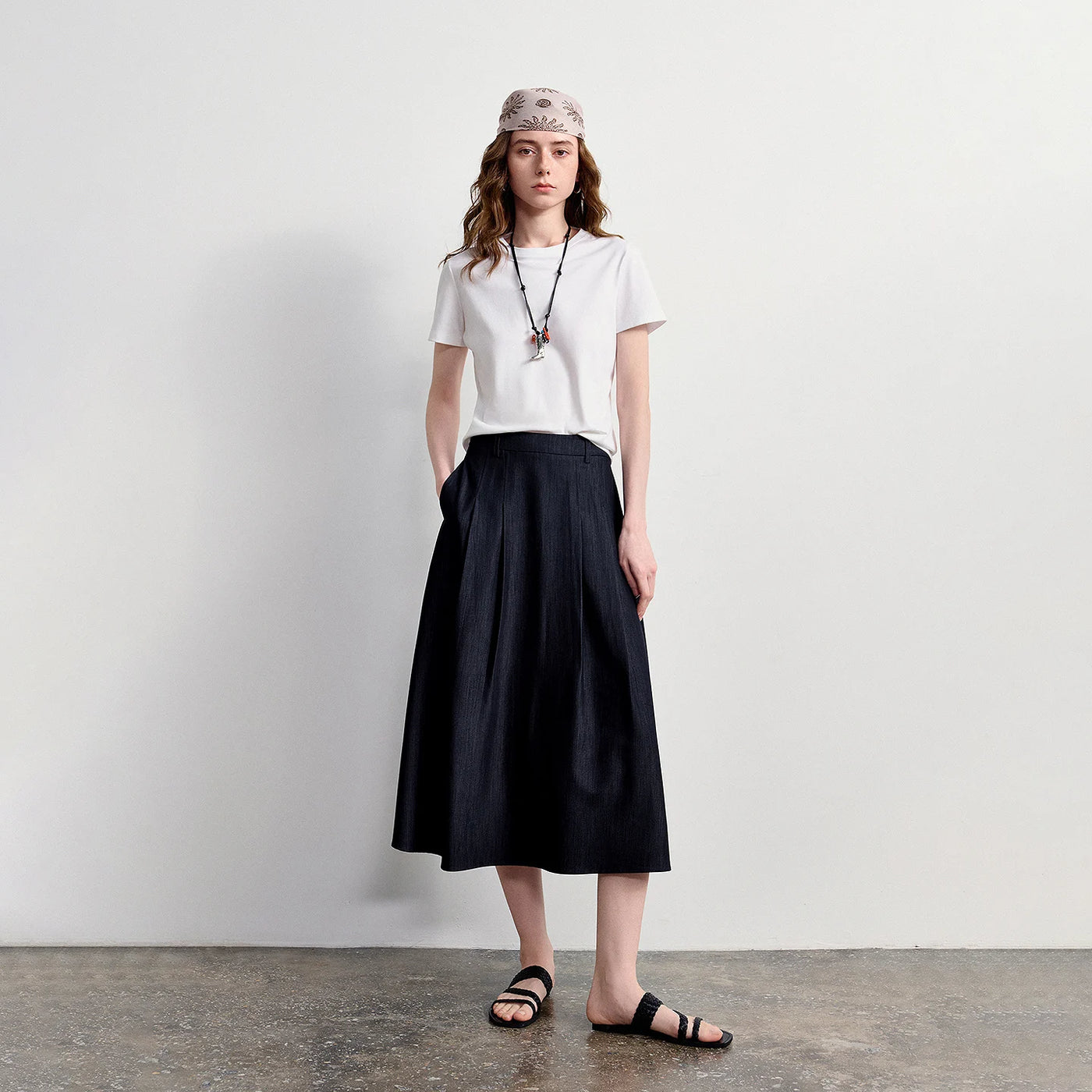 Saia Jeans Midi Feminina Plissada