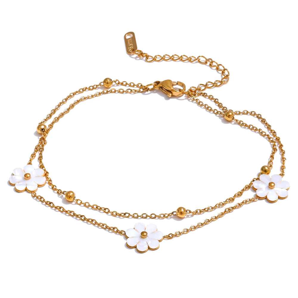 Yhpup Summer Imitation Shell Flower Double Layer Chain Necklace Anklet for Women Trendy Plant Charm Jewelry Bijoux Gift YH3981A Anklet
