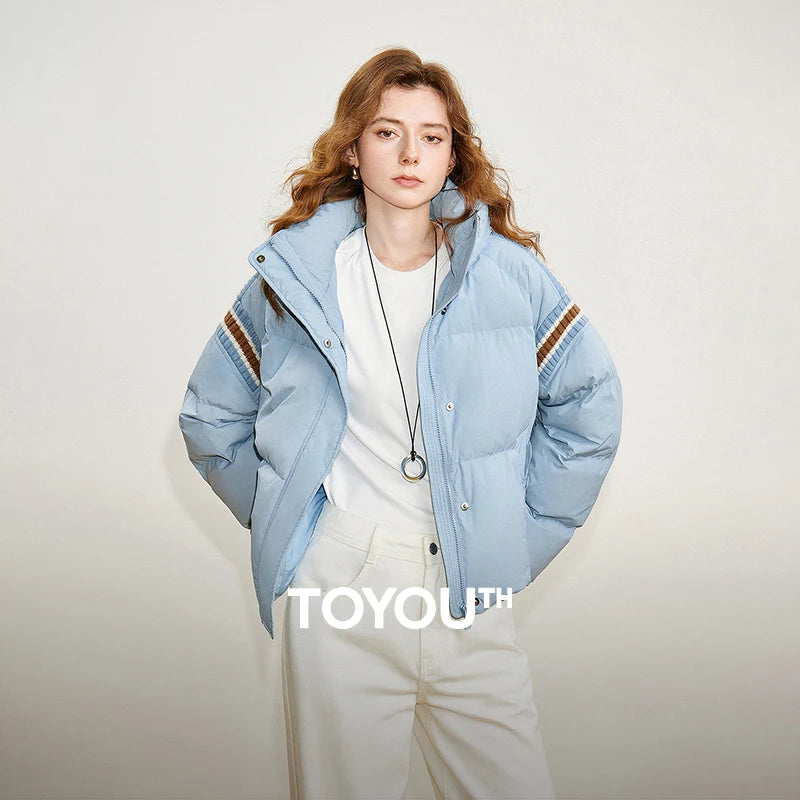 Jaqueta Puffer Feminina 90% Plumas com Capuz e Tricô