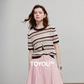 Blusa de Tricô Listrada Manga Curta e Vazada