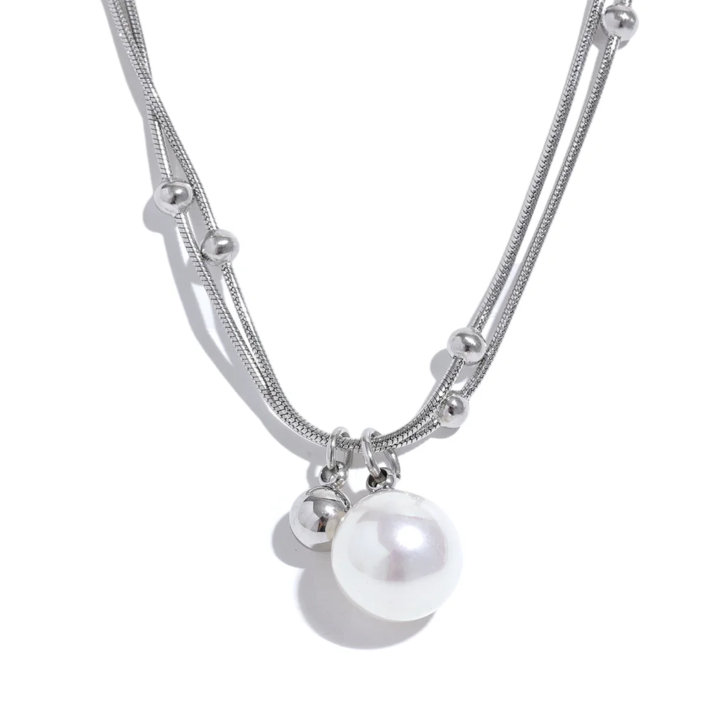 Colar Feminino Redondo com Pérola em Aço Inoxidável 7 YH2541A Platinum