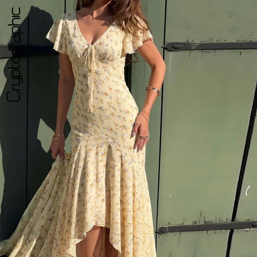 Vestido Longo Feminino Floral com Babados e Saia Sereia