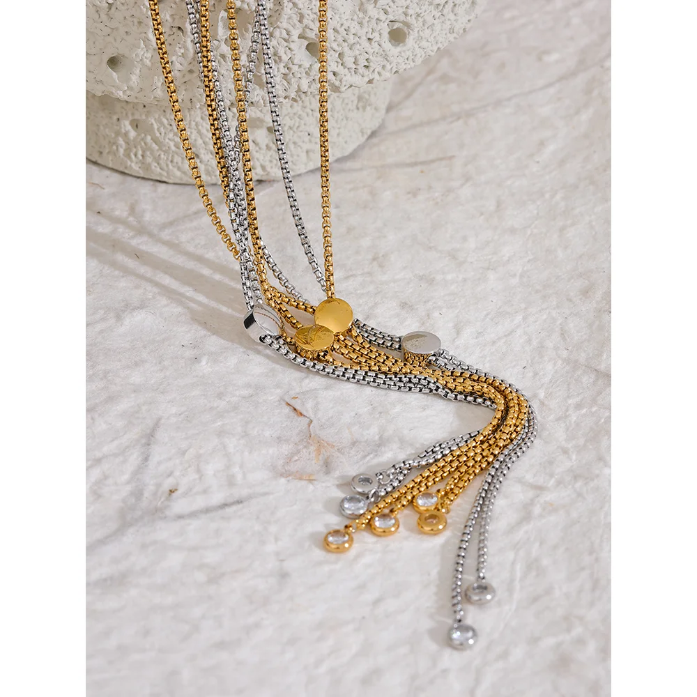 Yhpup Pull-out Adjustable Luxury Colorful Cubic Zirconia Chain Necklace Stainless Steel Waterproof Fashion Bling Jewelry Women
