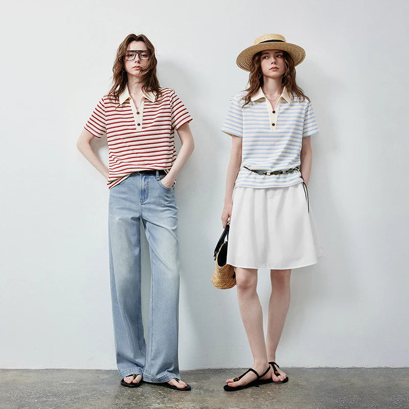 Camiseta Polo Feminina Vazado Listrada Estilo Náutico