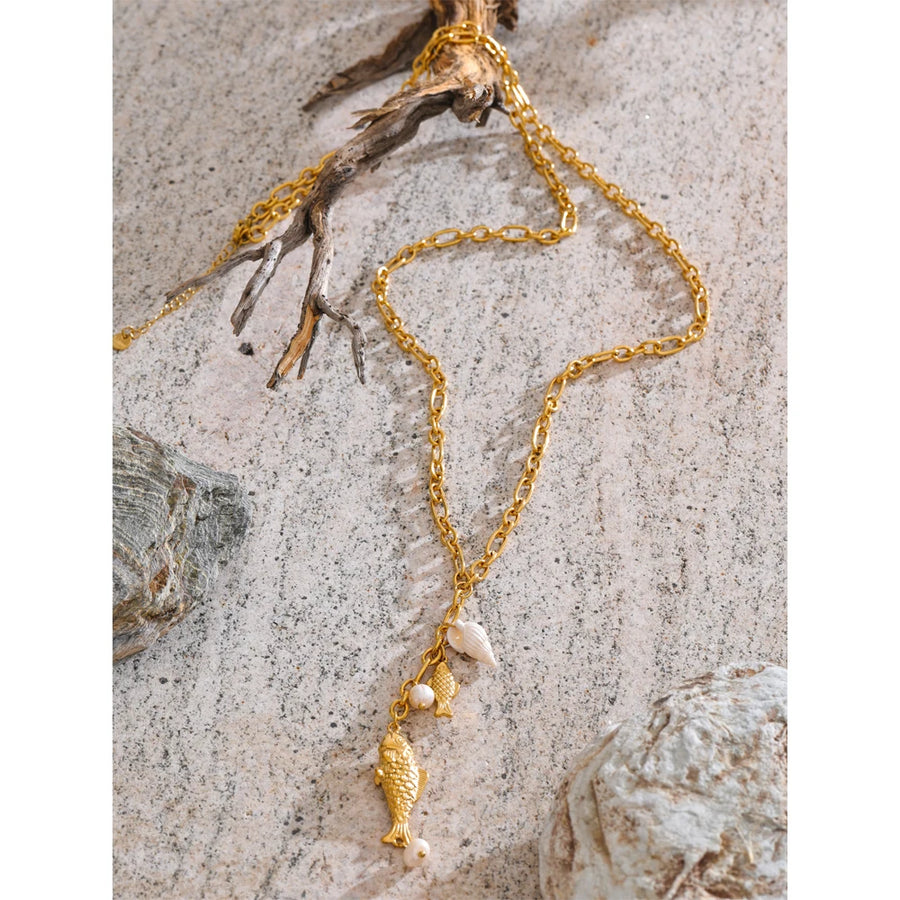 Yhpup Natural Pearls Shell Fish Pendant Chain Necklace 18K Golden PVD Plated Fashion Stainless Steel Charm Waterproof Jewelry