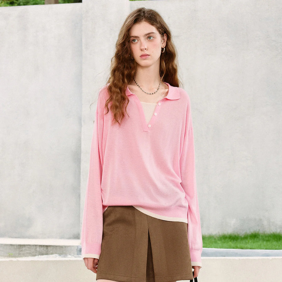 Blusa Feminina de Tricô com Lã Color Block Efeito Duas Peças