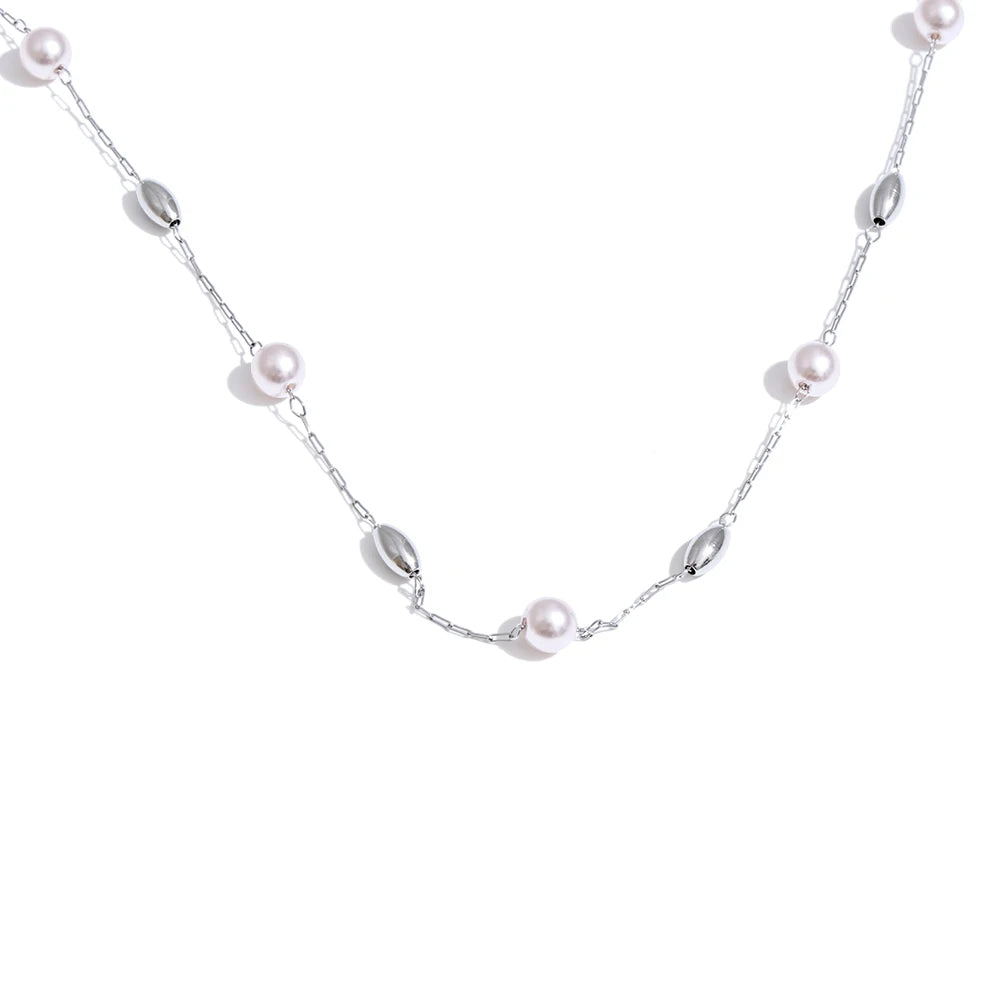 Yhpup Fashion Stainless Steel Simulated Pearls Bead Chain Necklace Tarnish Resistant 18K Golden Plated Collar Chic Neck Jewelry YH787A Steel