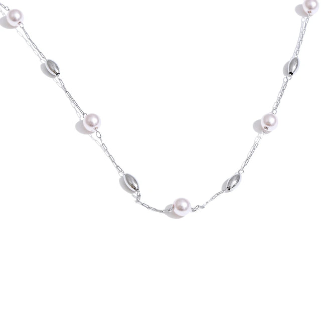 Yhpup Fashion Stainless Steel Simulated Pearls Bead Chain Necklace Tarnish Resistant 18K Golden Plated Collar Chic Neck Jewelry YH787A Steel