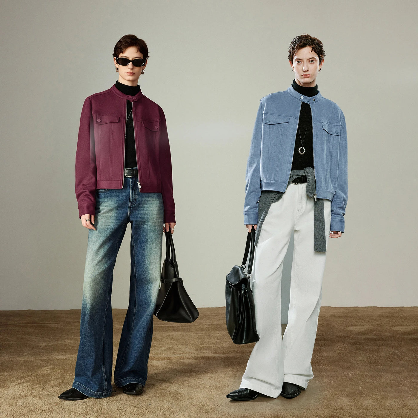 Jaqueta Feminina de Suede Azul Claro com Gola Alta