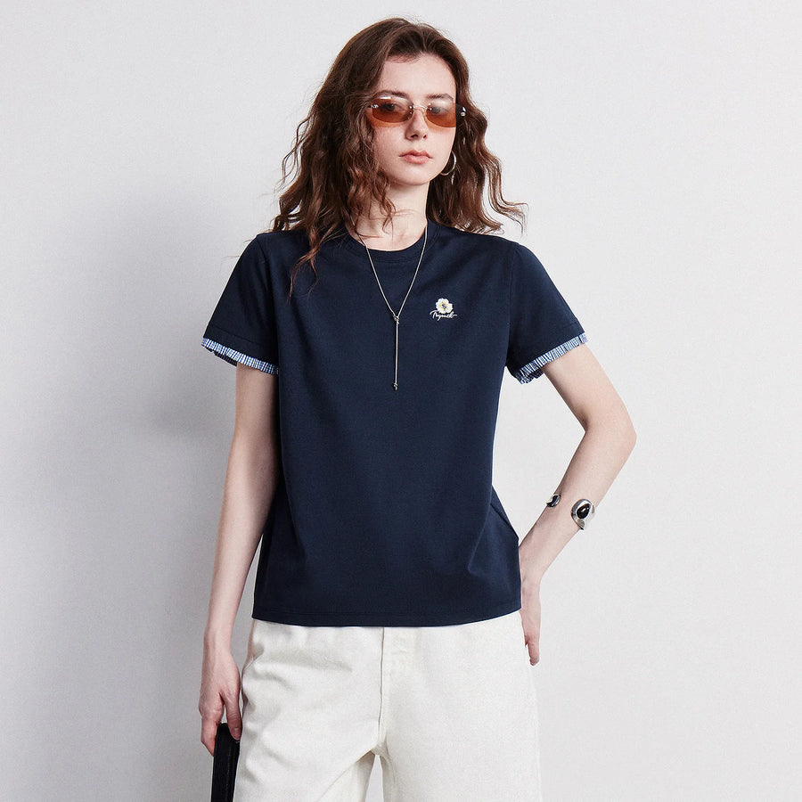 TOYOUTH x Houhou Women's Flower Embroidery Plaid T-Shirt 2026 Summer New Patchwork Crew Neck Cotton Tee