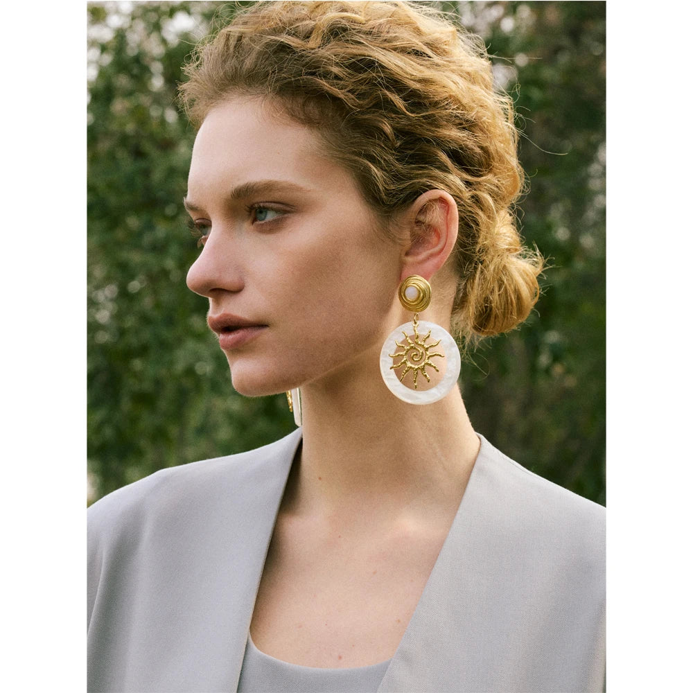 Yhpup Hot Style Metal Sun Round Acrylic Drop Dangle Light Earrings Trending Stainless Steel Charm Daily Jewelry Ear Accessories