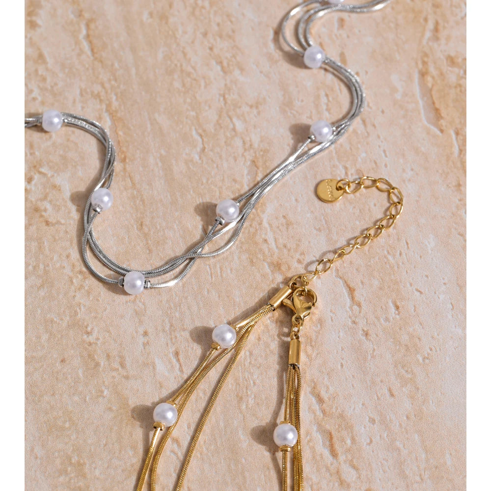 Colar Feminino de Camadas Quadrado com Pérola em Aço Inoxidável
