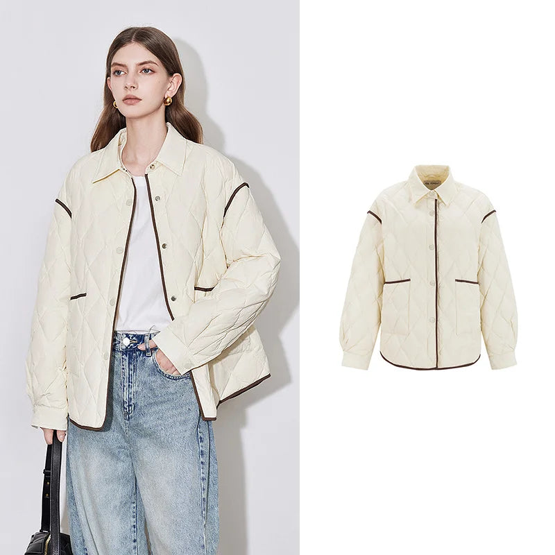 Jaqueta Puffer Feminina Leve 90% Plumas com Gola Lapela White