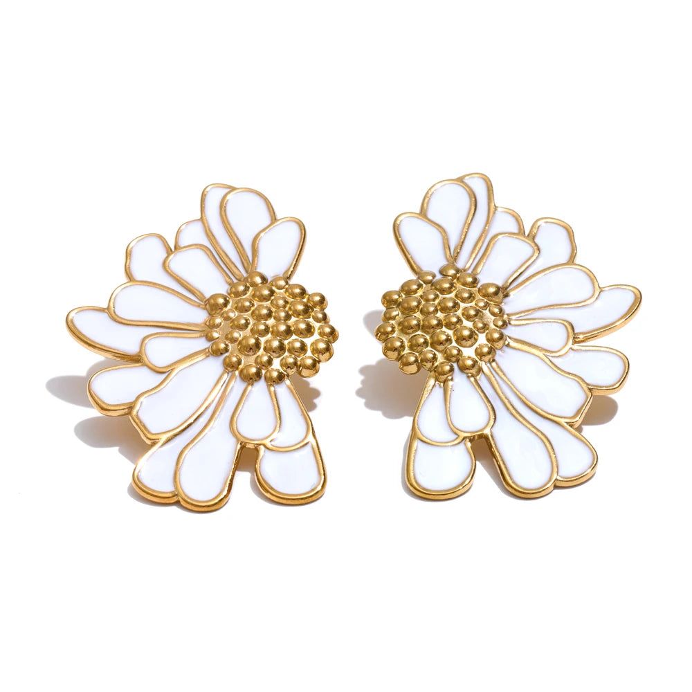 Brinco Pendente Flor Esmalte em Aço Inoxidável
