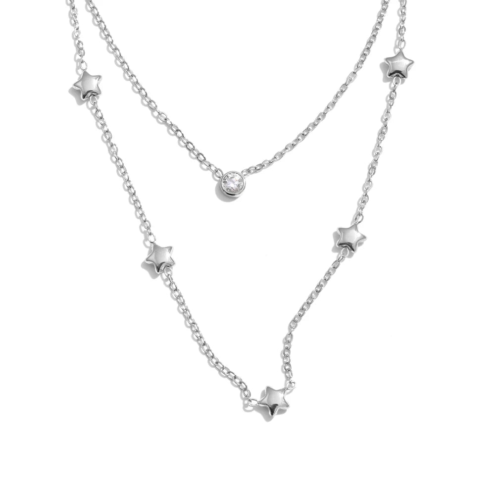Colar Feminino de Camadas Estrela com Zircônia em Aço Inoxidável YH1189A Platinum