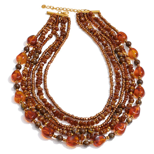 Yhpup Waterproof 2025 Handmade Beads Bohemia Jewelry Autumn Winter Stainless Steel Layered Resin Chain Bib Statement Necklace Necklace Brown