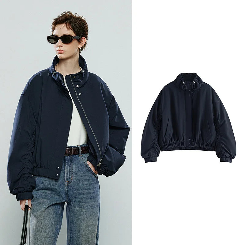 Jaqueta Feminina Acolchoada Azul-Marinho com Gola Alta navy blue