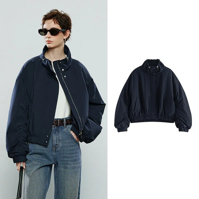 Jaqueta Feminina Acolchoada Azul-Marinho com Gola Alta navy blue