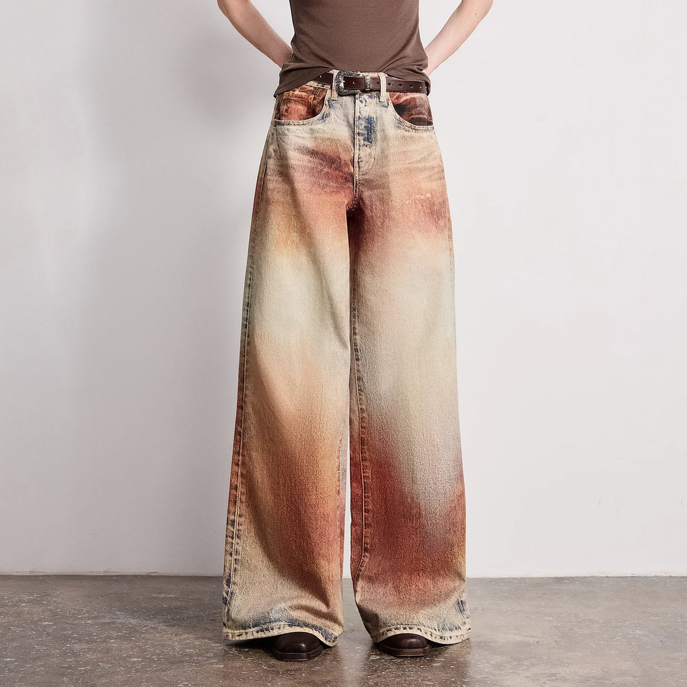Calça Jeans Feminina Wide Leg Estampada Cintura Baixa