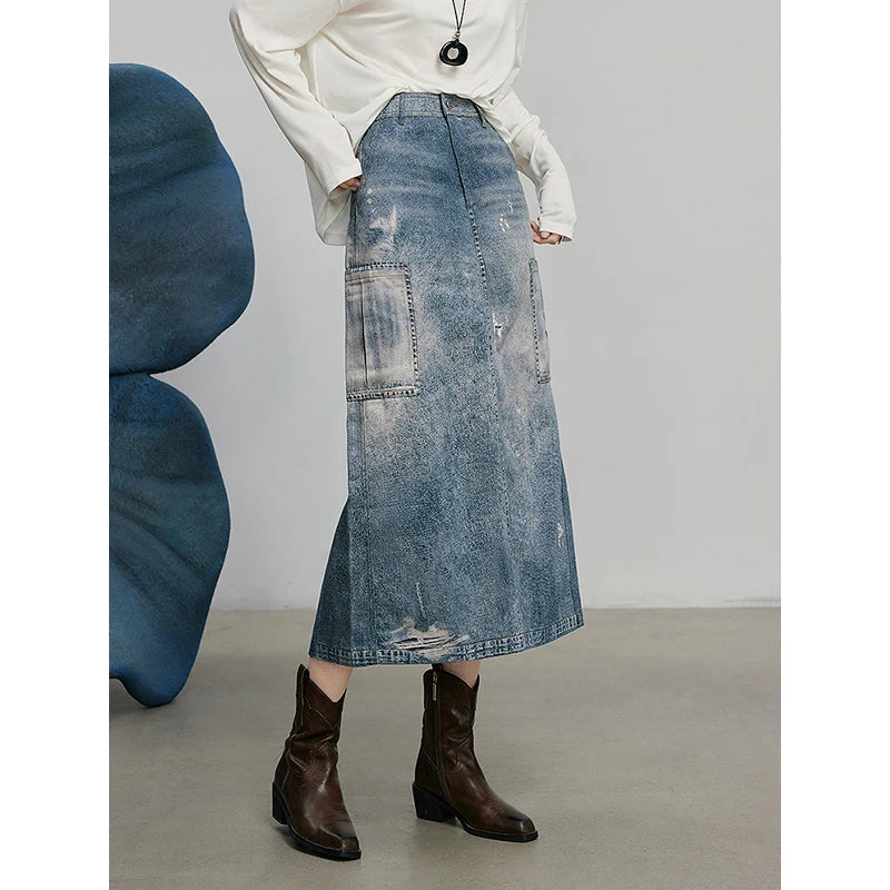 Saia Jeans Midi Feminina Estampada Cintura Alta