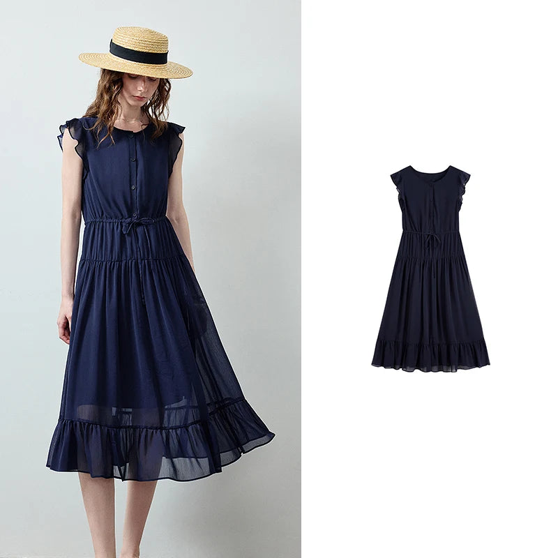 Vestido Midi de Chiffon com Babados e Cintura Marcada Dark Blue