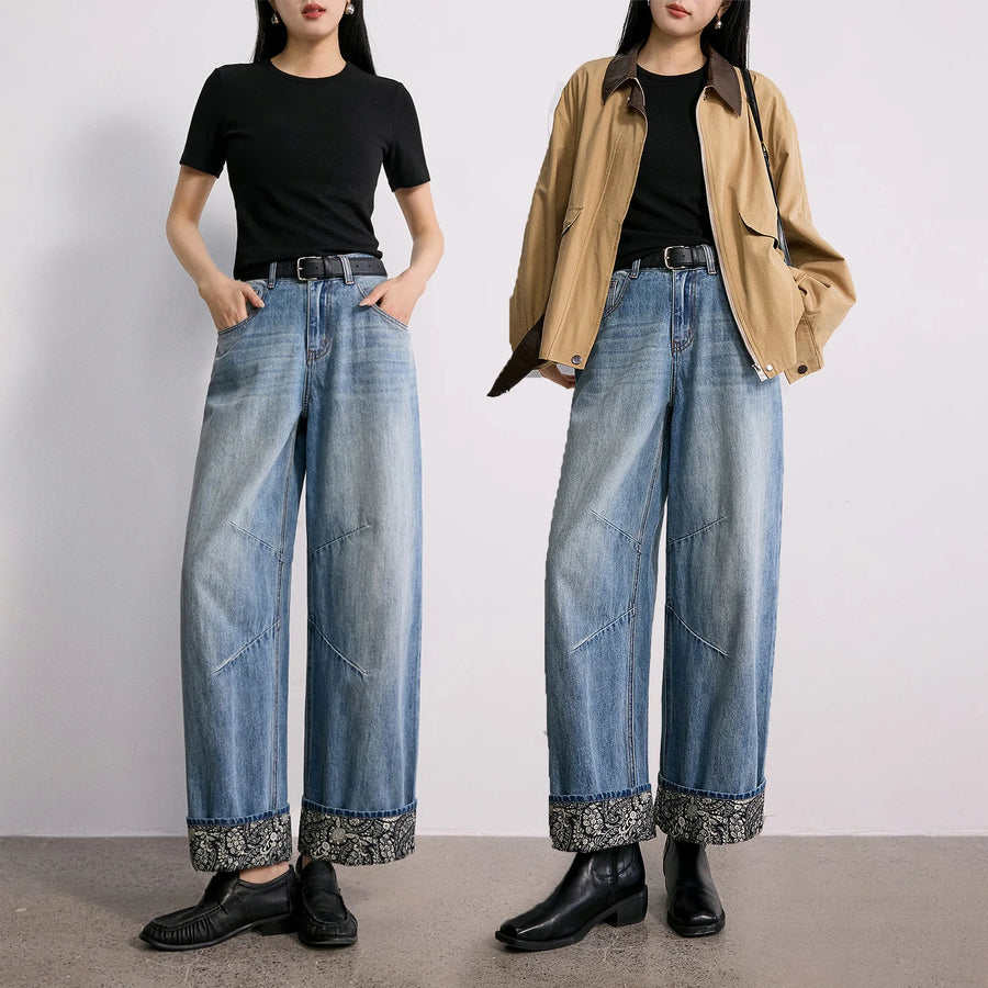 Calça Jeans Feminina Wide Leg Estampada Cintura Alta