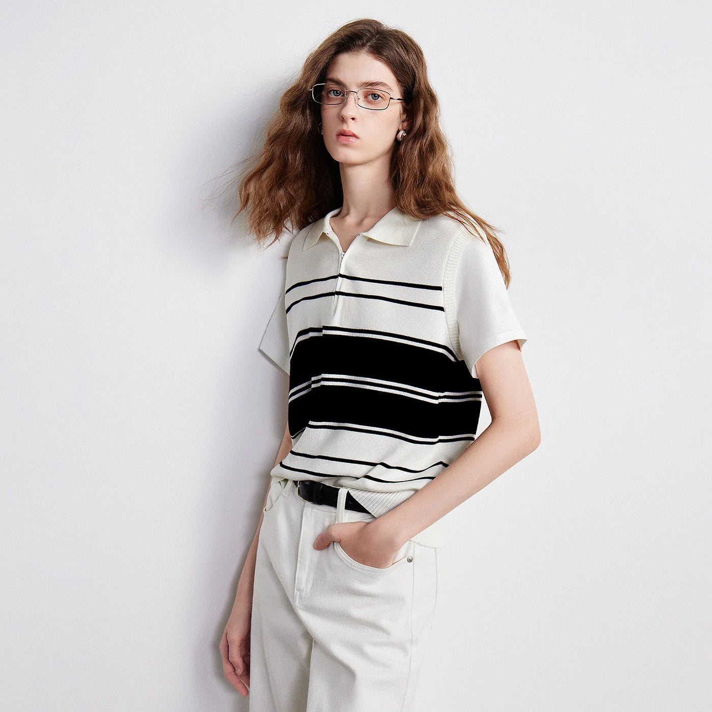 Blusa Feminina de Liocel Listrada Efeito Duas Peças