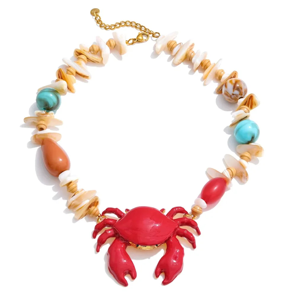 Yhpup Attractive Unique Ocean Shell Stone Handmade Lobster Crayfish Pendant Necklace Summer Charm Collar Statement PVD Jewelry YH3405A