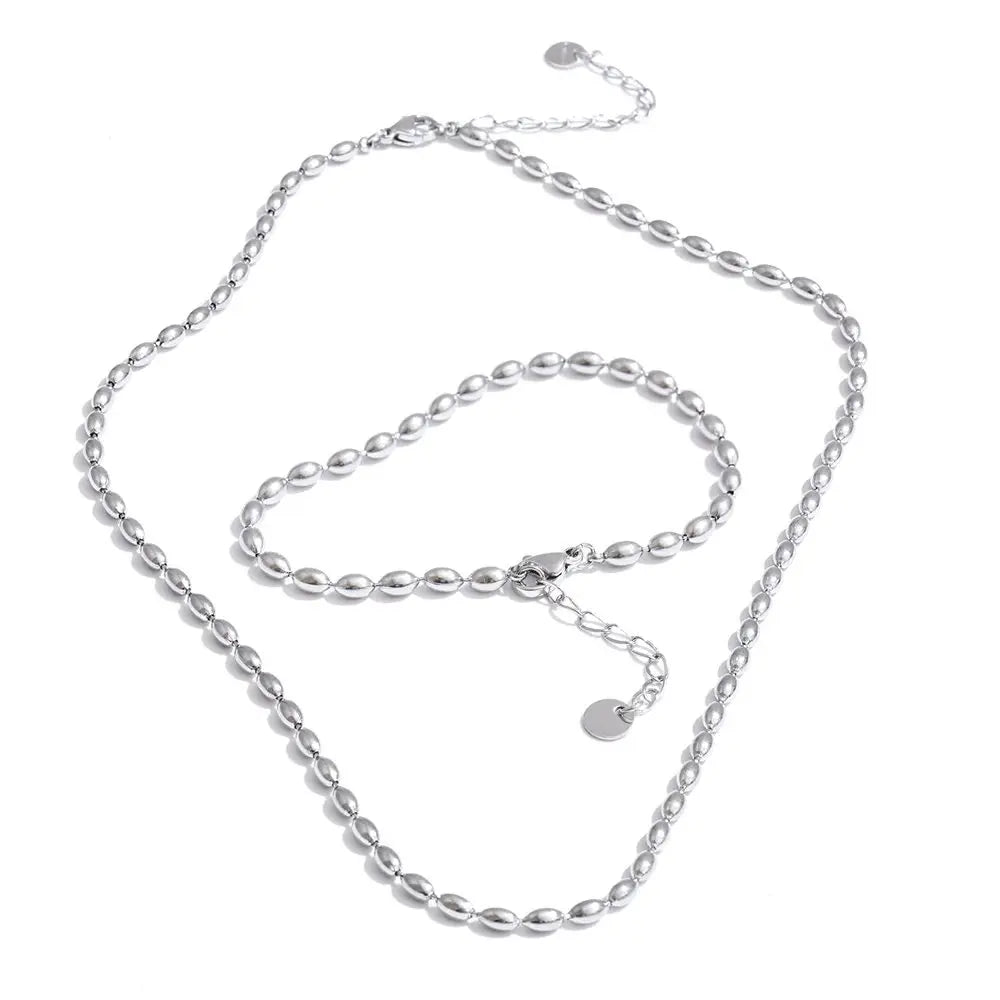 Yhpup Popular Stainless Steel Beads Chain Basic Necklace Bracelet Bangle Set 16K Gold Platinum Color PVD Plated Fashion Jewelry Platinum Set