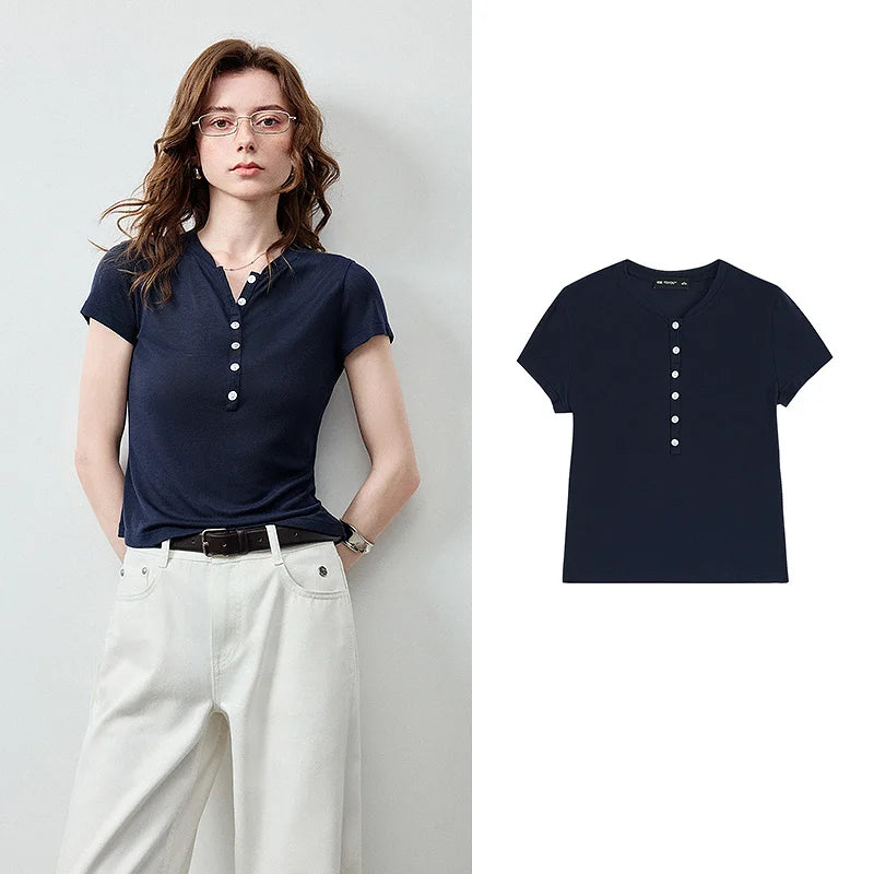 Camiseta Feminina Slim de Liocel e Lã com Botões