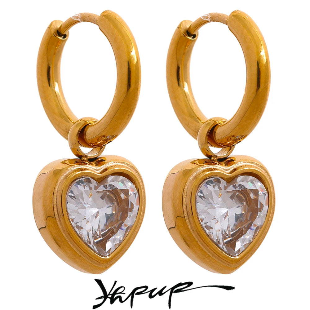 Yhpup Sweet Heart Drop Stainless Steel Cubic Zirconia Hoop Earrings for Women High Quality 18K Gold Color Plated Fashion Jewelry